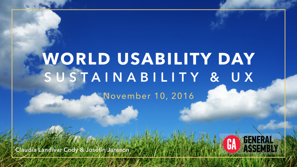 Title slide reading “World Usability Day: Sustainability and UX,” used to open event presentation.