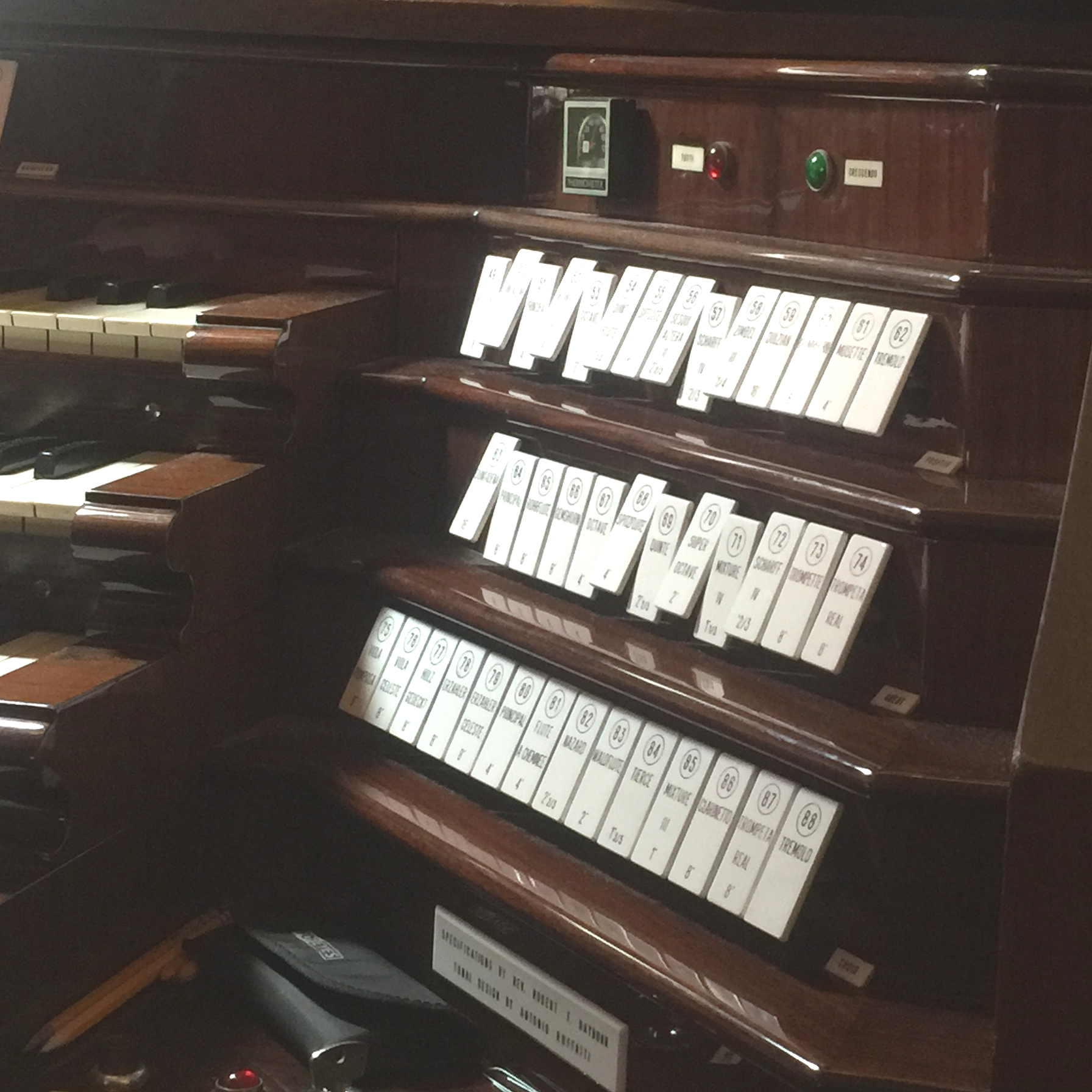 Close-up of the stops and keyboards on the Cathedral’s Fratelli Ruffatti pipe organ.