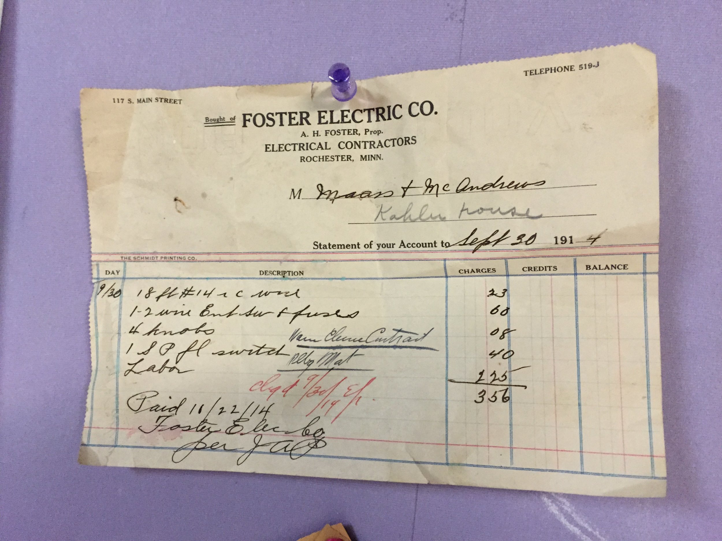 An original electrical bill from Sept. 30th, 14. That's 1914.