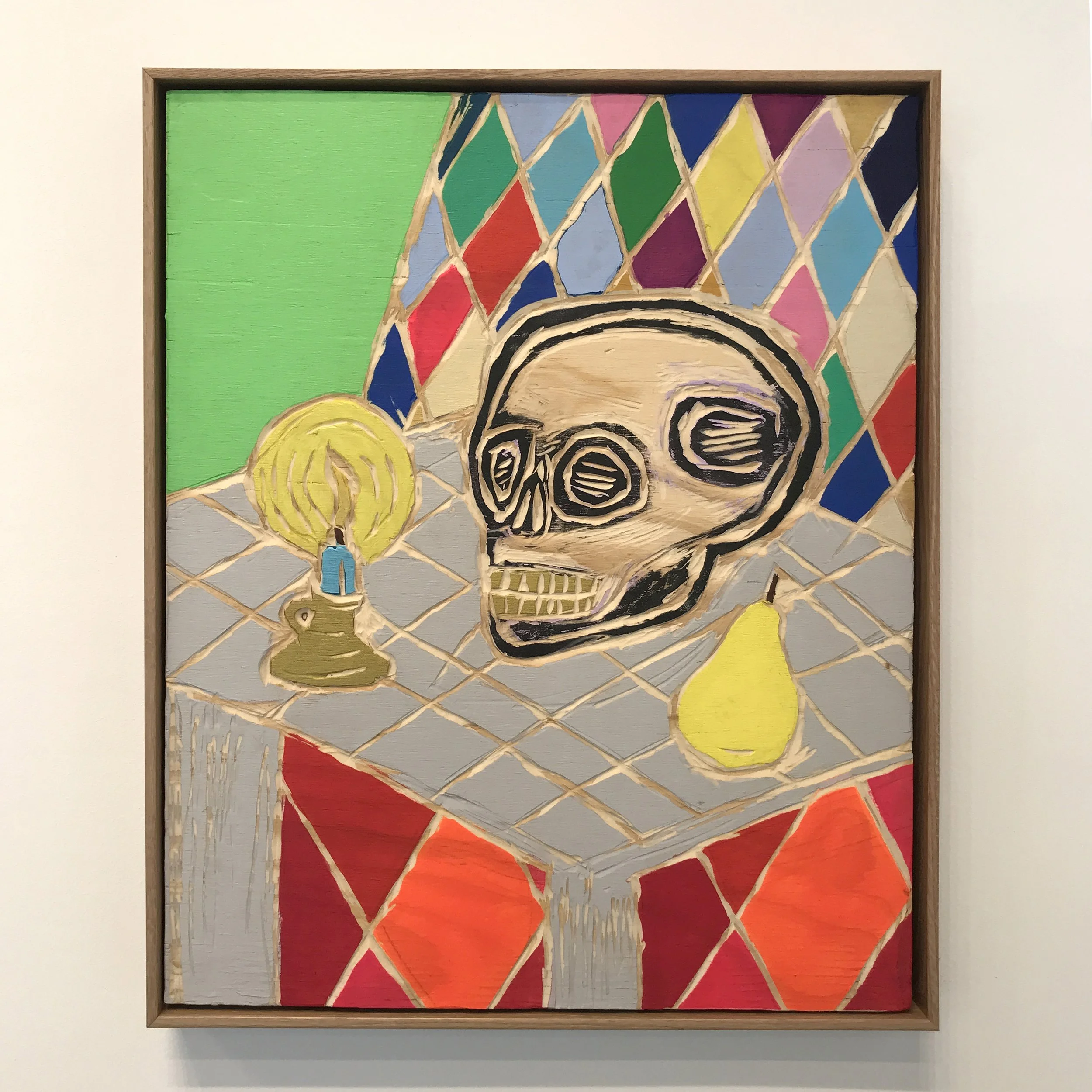  Meghan Gerety , Vanitas (06)  Acrylic on carved plywood, framed in white oak   25” x 21” 