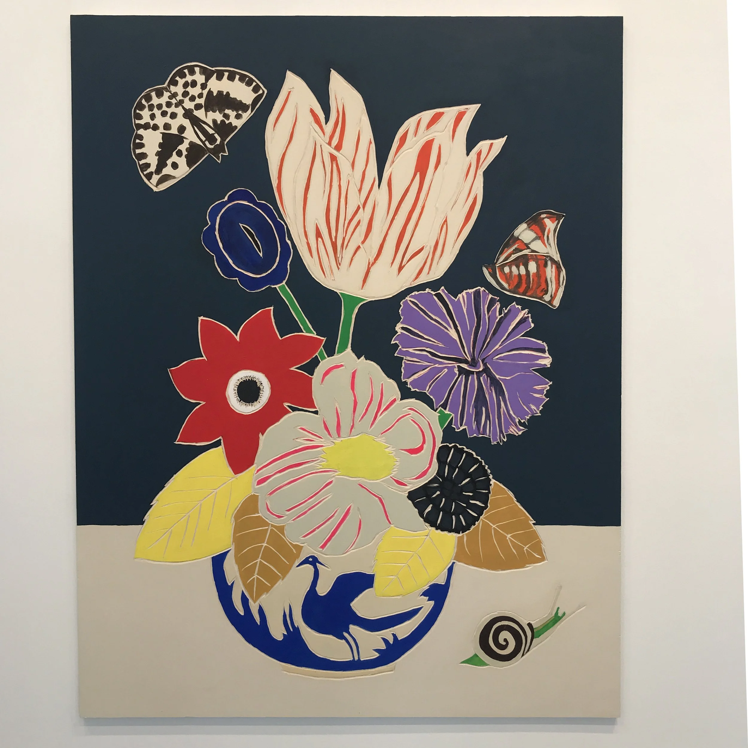  Meghan Gerety  Memento Mori, Fleurs dans un Vase , 2022 Acrylic on carved birch plywood 50” x 40” 