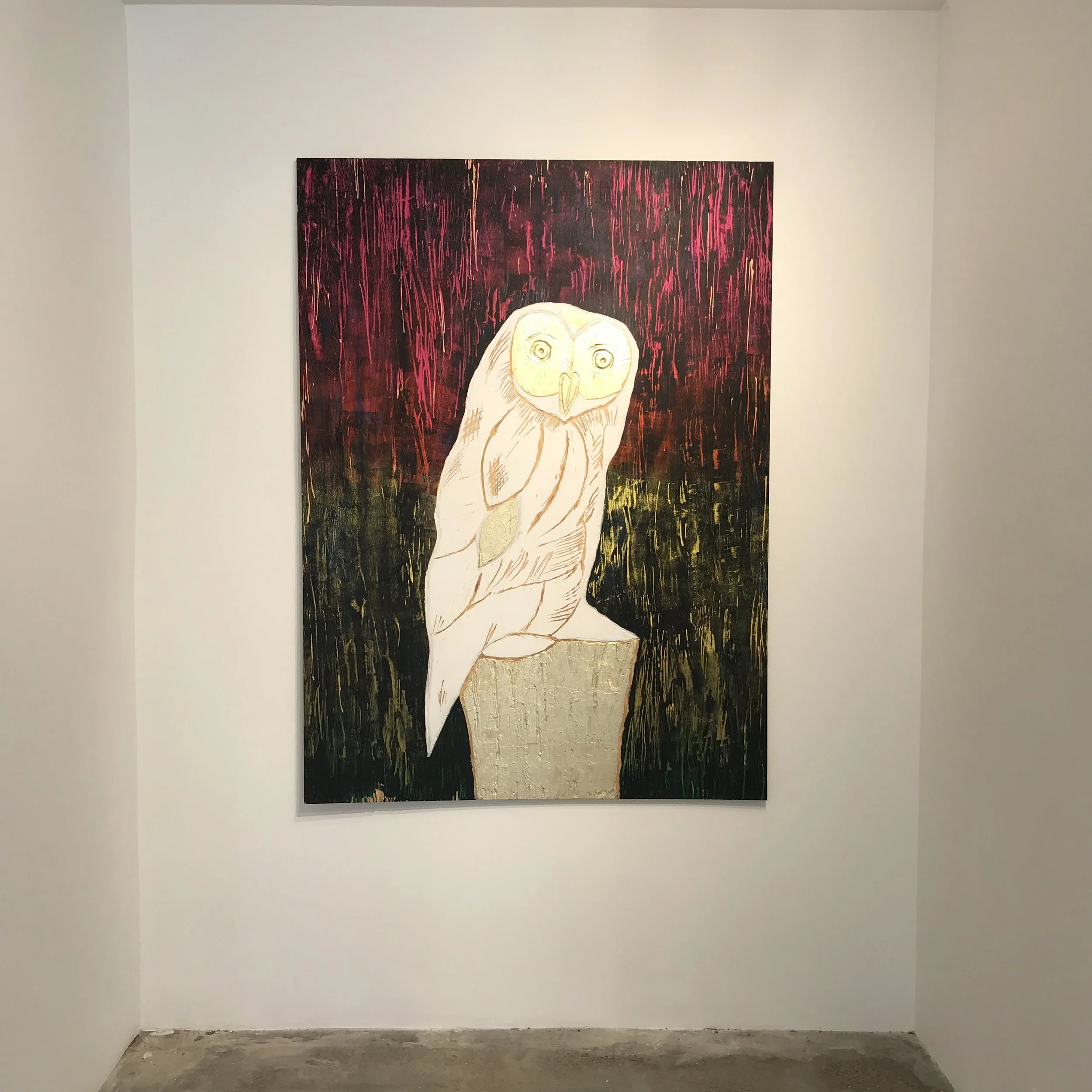  Meghan Gerety  The White Owl (Intuition),  2022 Acrylic, gold leaf and oil pastel on carved birch plywood 60” x 44” 