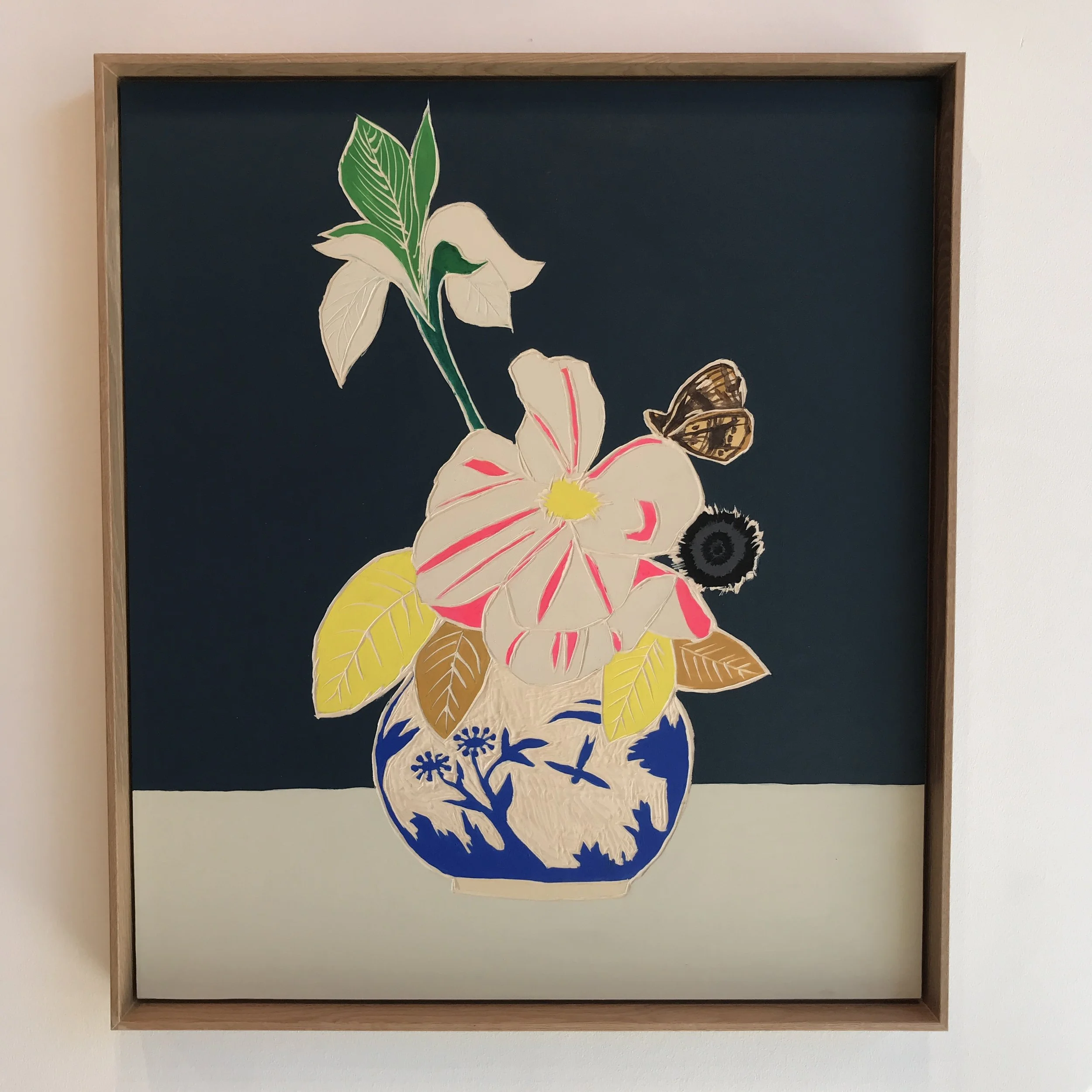  Meghan Gerety  Memento Mori, Fleurs dans un Vase (04),  2022 Acrylic on carved birch plywood 31” x 27” framed 