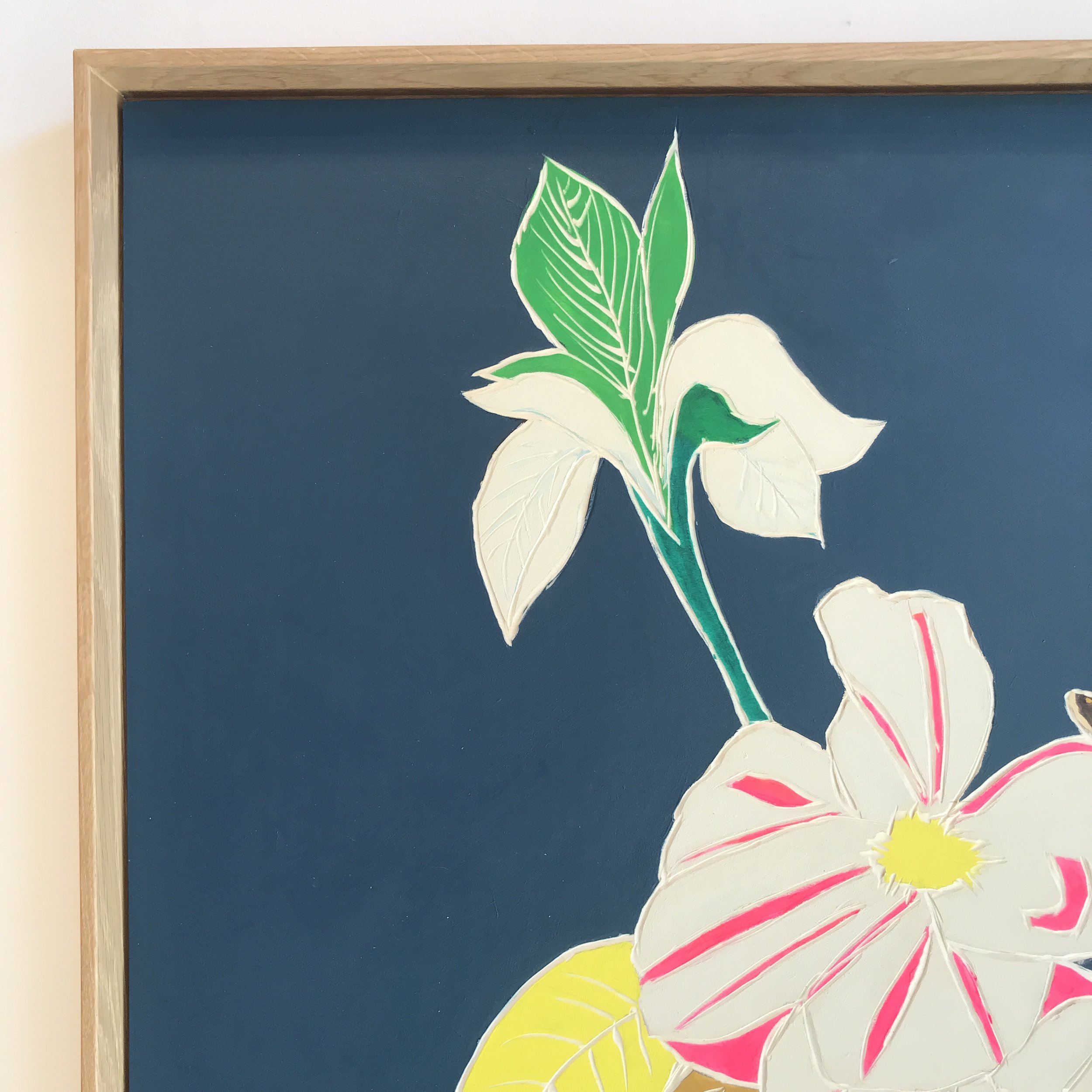  Meghan Gerety  Memento Mori, Fleurs dans un Vase (04) , 2022 (detail) Acrylic on carved birch plywood 31” x 27” framed 