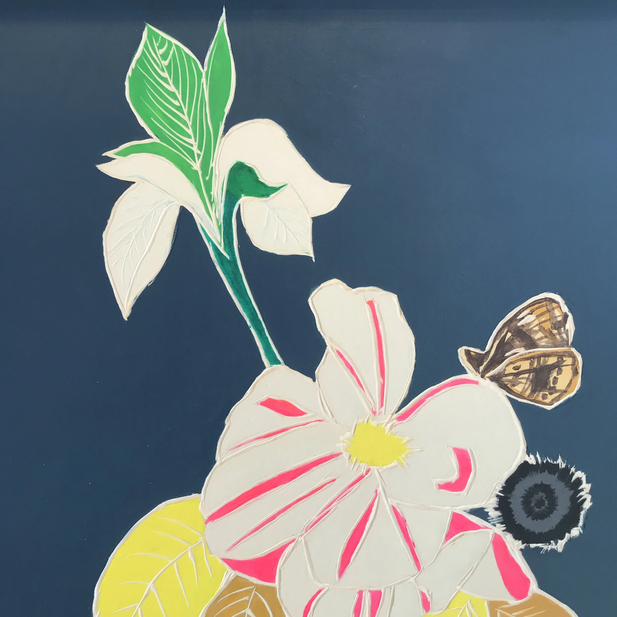  Meghan Gerety  Memento Mori, Fleurs dans un Vase (04) , 2022 (detail) Acrylic on carved birch plywood 31” x 27” framed 