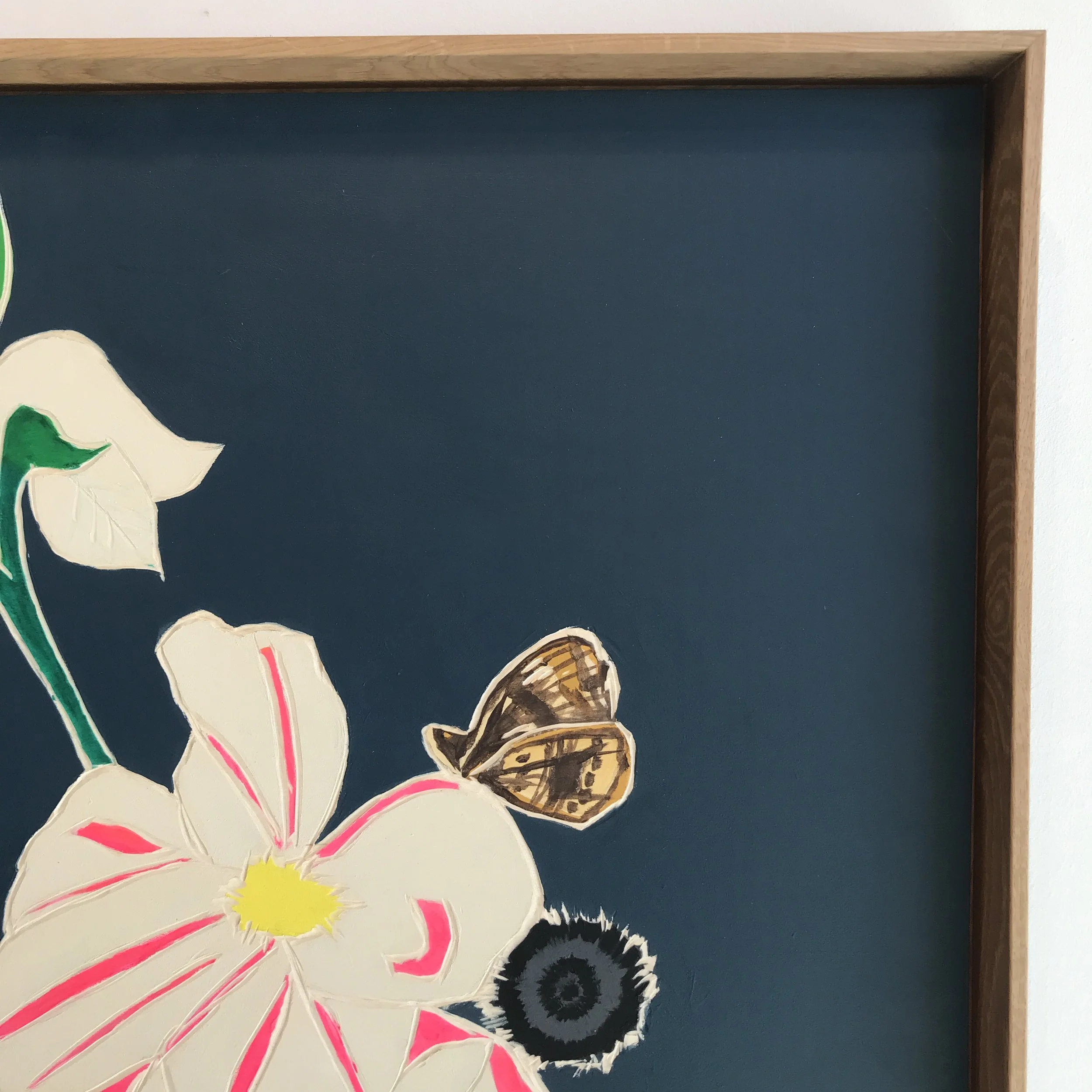  Meghan Gerety  Memento Mori, Fleurs dans un Vase (04) , 2022 (detail) Acrylic on carved birch plywood 31” x 27” framed 