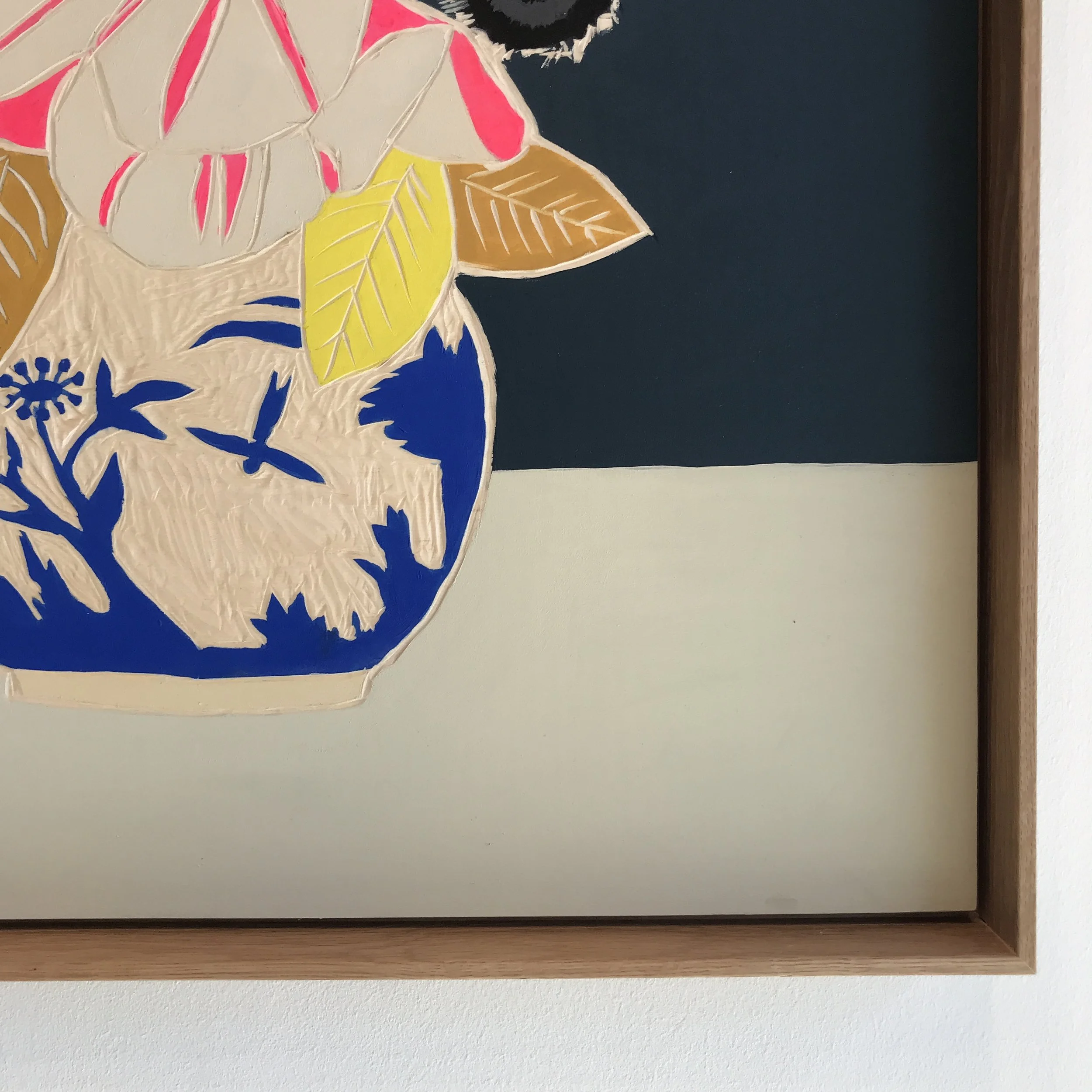  Meghan Gerety  Memento Mori, Fleurs dans un Vase (04) , 2022 (detail) Acrylic on carved birch plywood 31” x 27” framed 