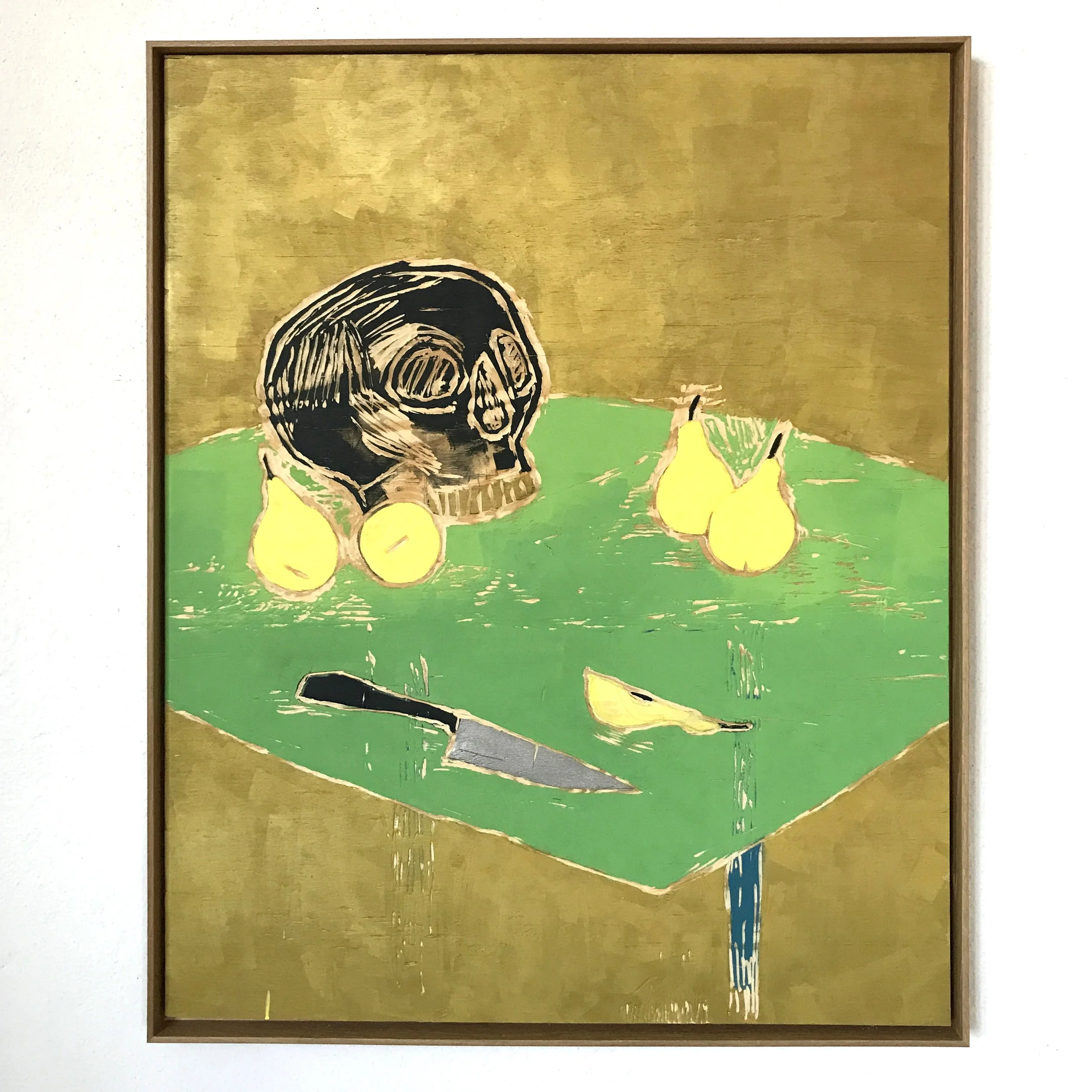  Meghan Gerety  Vanitas (01),  2021 block print ink on carved plywood 47” x 37”, framed 