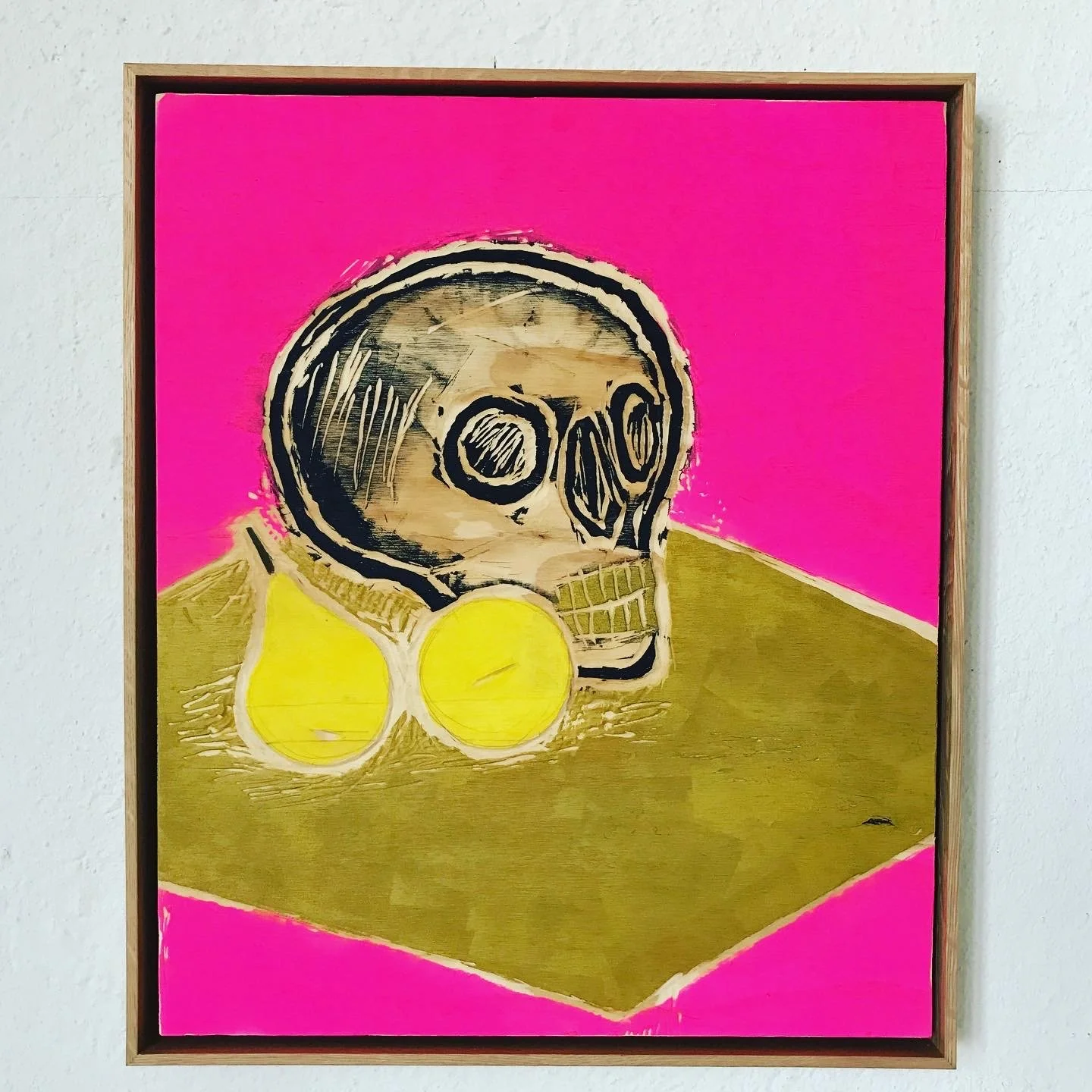  Meghan Gerety  Vanitas (02) , 2021 block print ink on carved plywood 25” x 21”, framed 