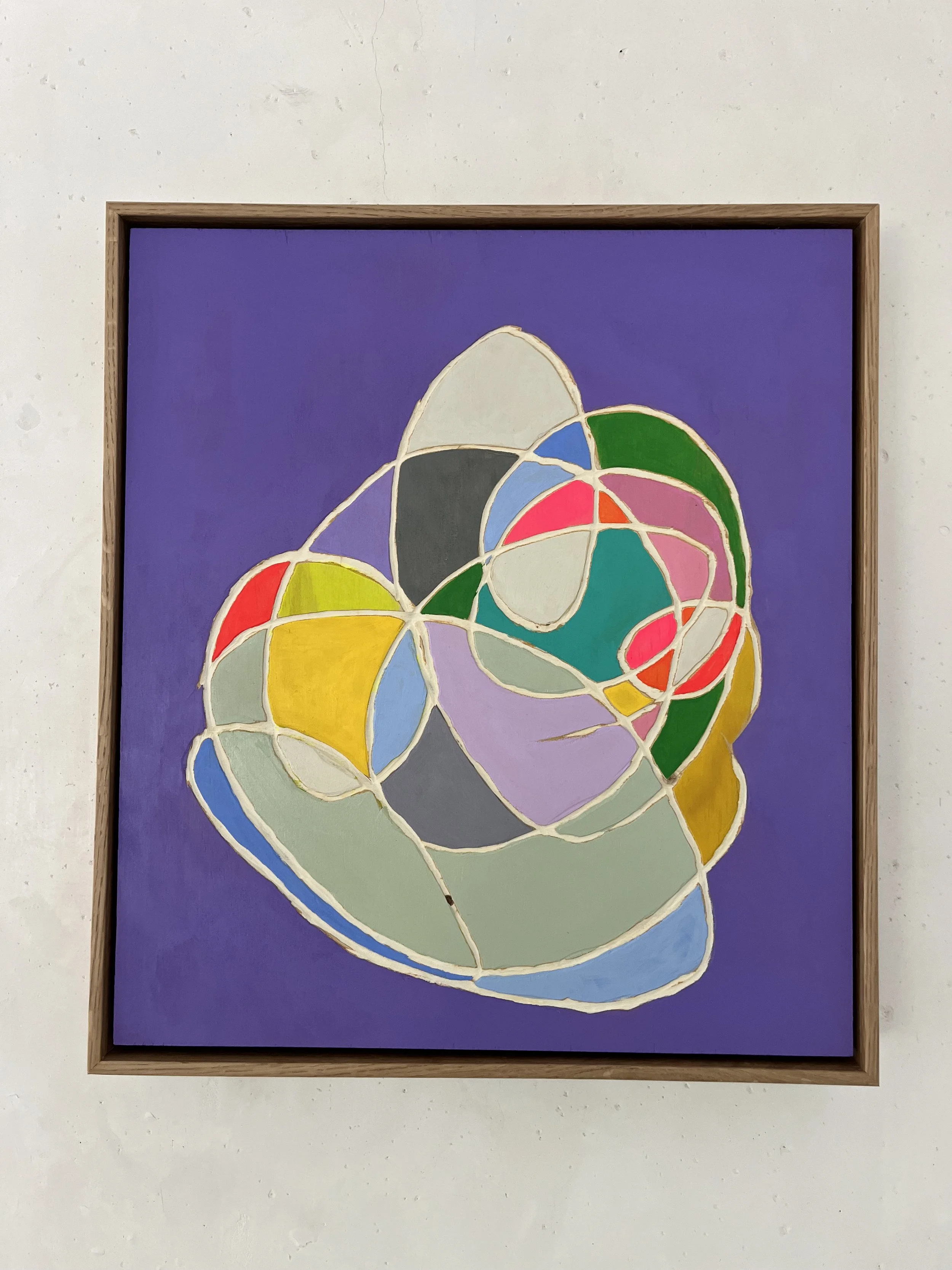   Rajasika , 2025 Acrylic on carved wood 19” x 17” x 2.25” 