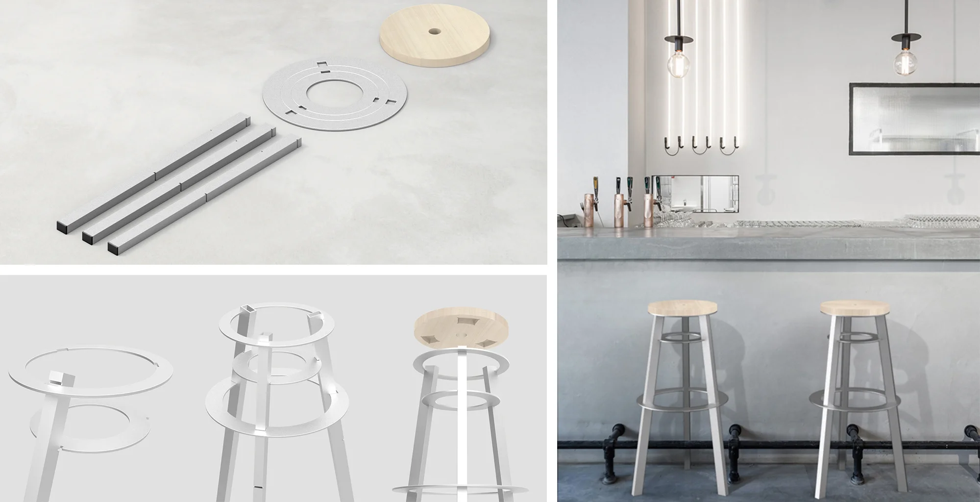 Aesthetically the stool remains true to its creation in allowing function to drive form. It's raw and simple, celebrating the manufacturing and materials that allow it to exist. The aluminium is sandblasted, then anodized to create a tough surface that is accepting of the scuffs and scratches that inevitably collect over the years. It also proudly displays the marks of assembly created by the interference fit.