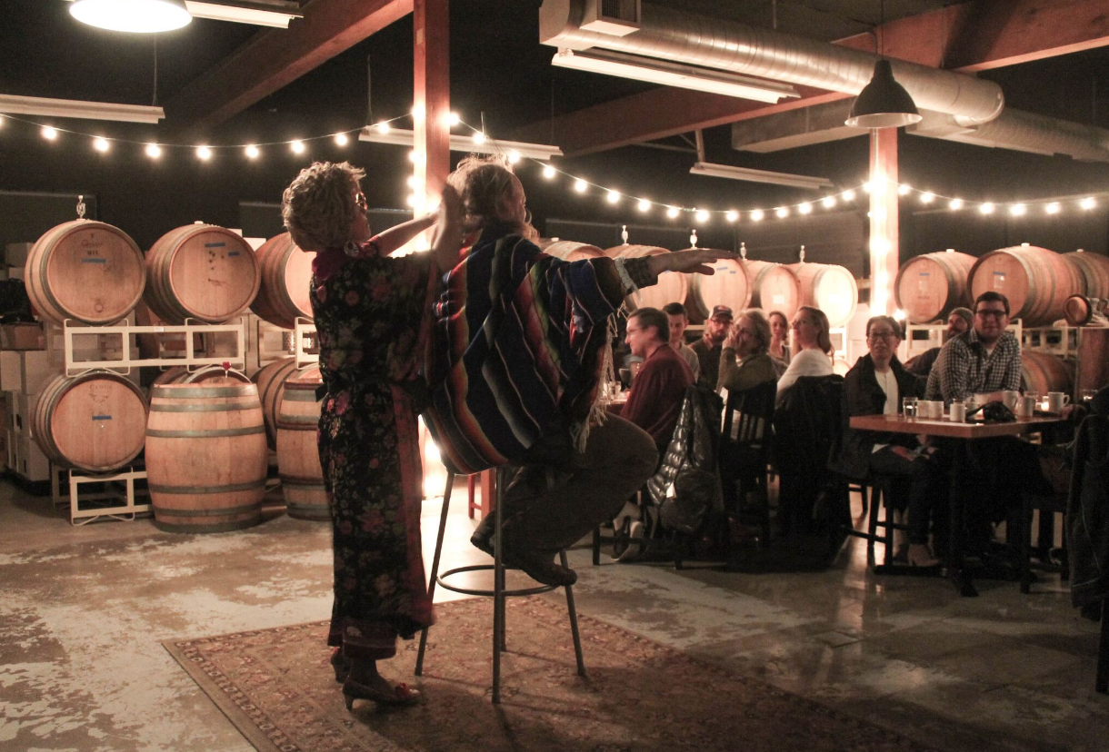Giving a Zen Therapeutic Haircut to an unsuspecting audience member, Ice Cream Dinner Theater, Photo by Sarah Marguier