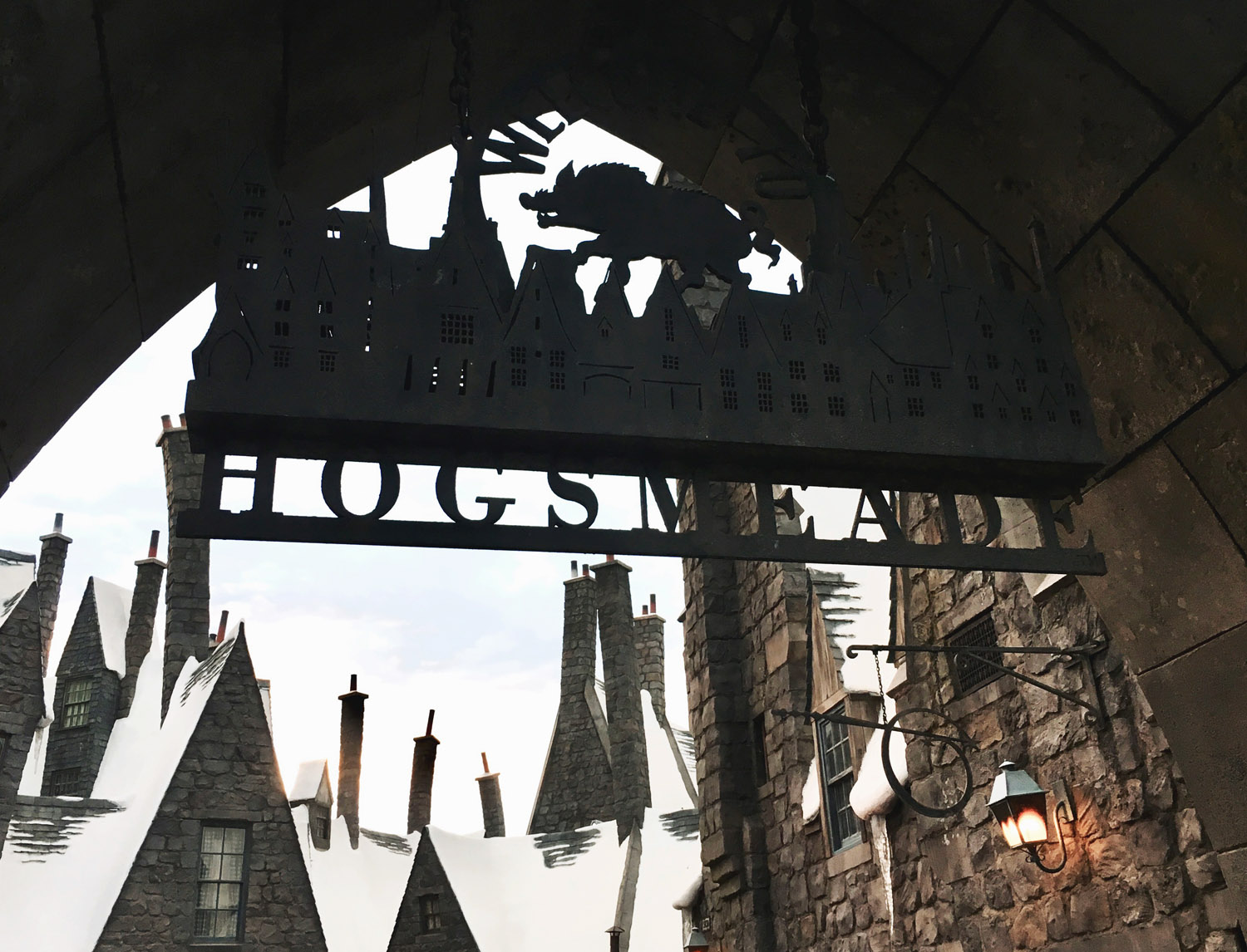 a sign at one of the entrances to "Hogsmeade"