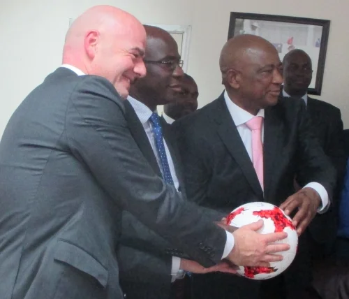 Infantino with Zifa president Phillip Chiyangwa (right) and Zimbabwe Sports Minister Makhosini Hlongwane.