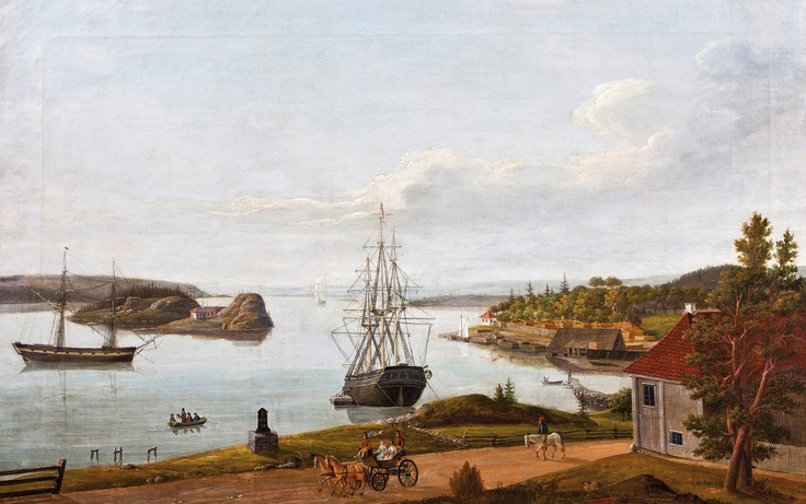 "Vækkerød ved Christiania" av Ferdinand Gjøs. Seilskutene er klare til å laste trelast for eksport. 