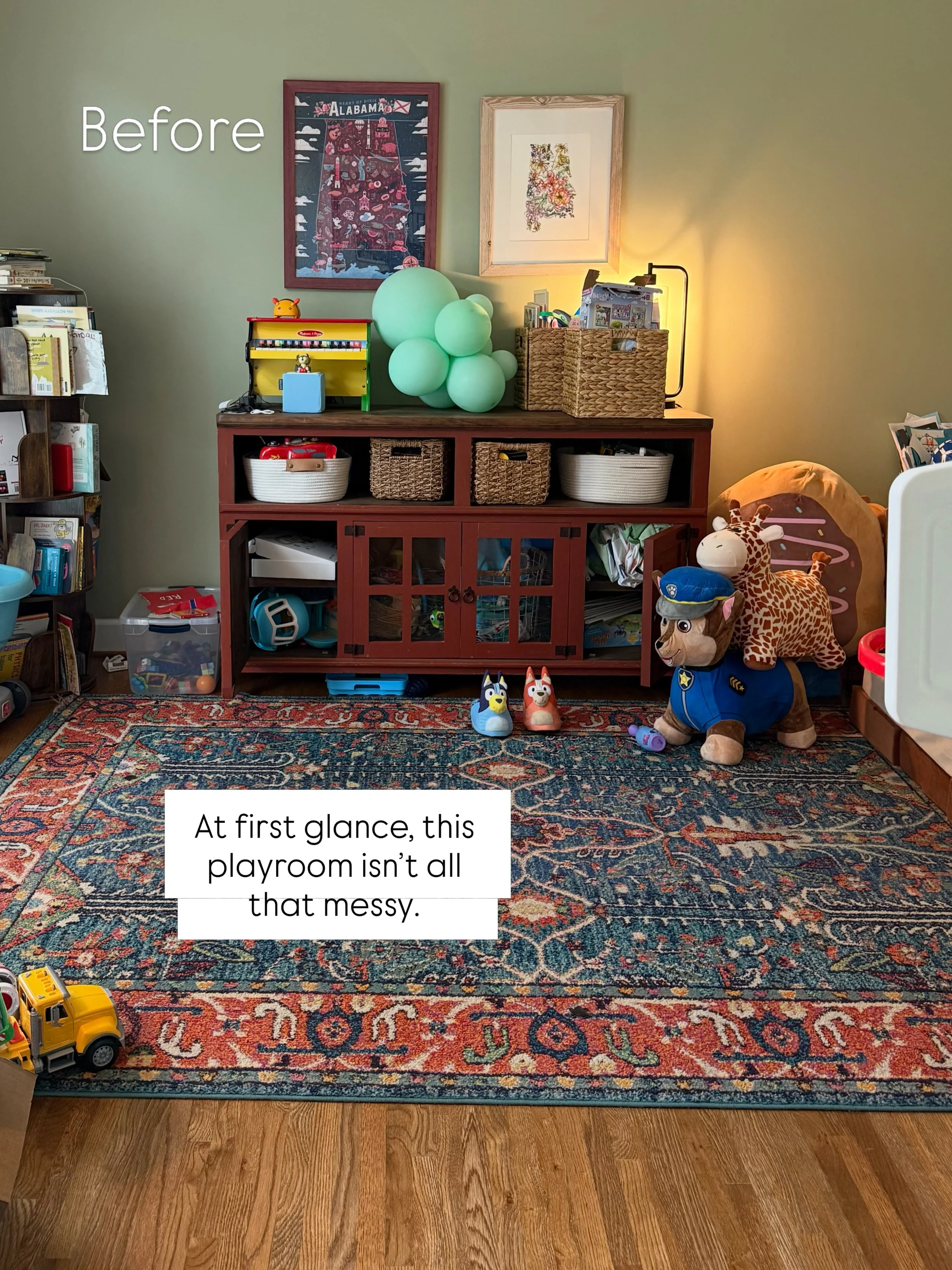 How many words or phrases do I have for clutter? It&rsquo;s kind of a lot, see if you can spot them in this post.

Swipe to see descriptions of each view in this playroom, I have everything paired with a before and after view except the one before pi