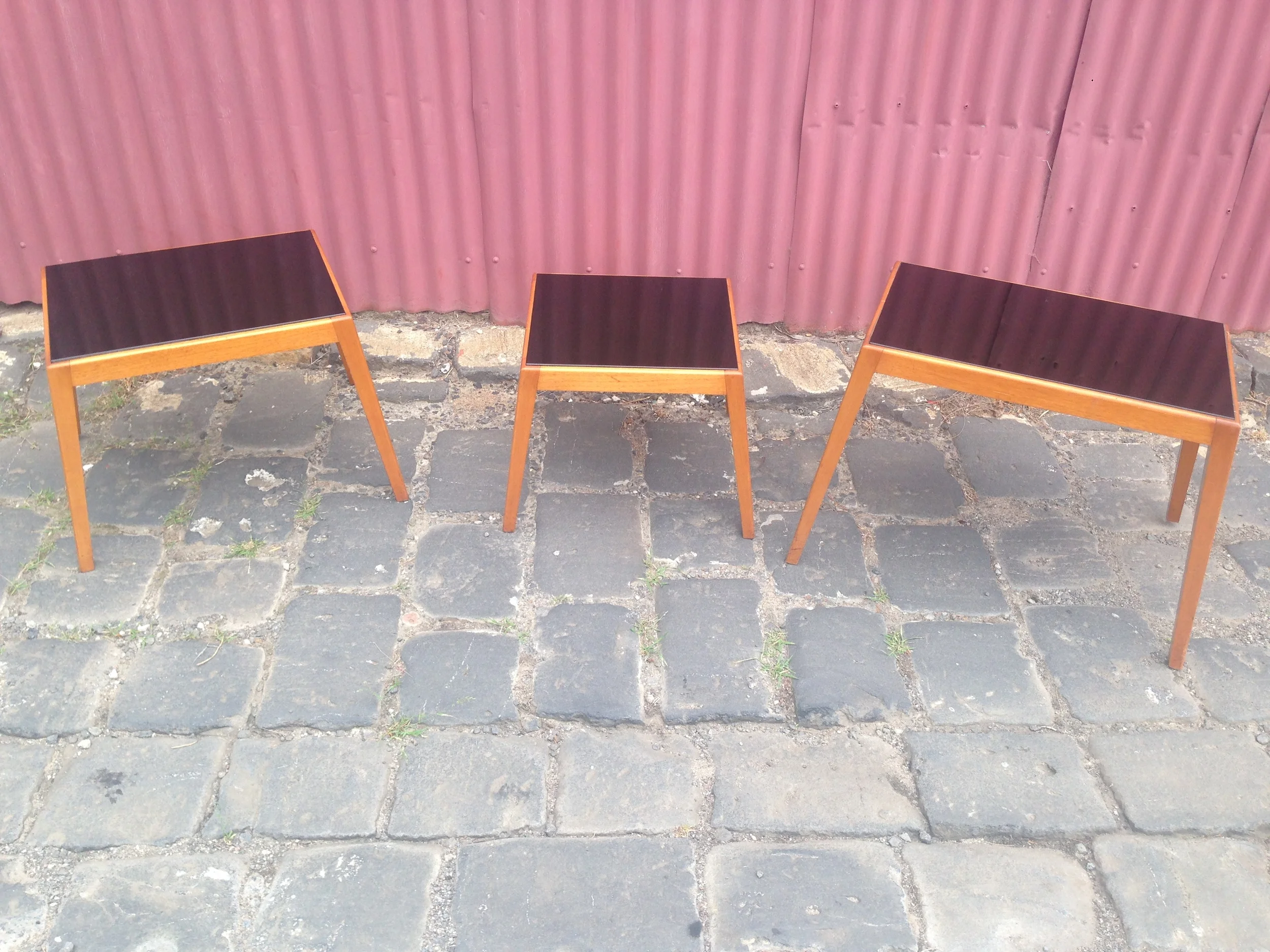 Mid Century Teak & Vitrolite Tables $375