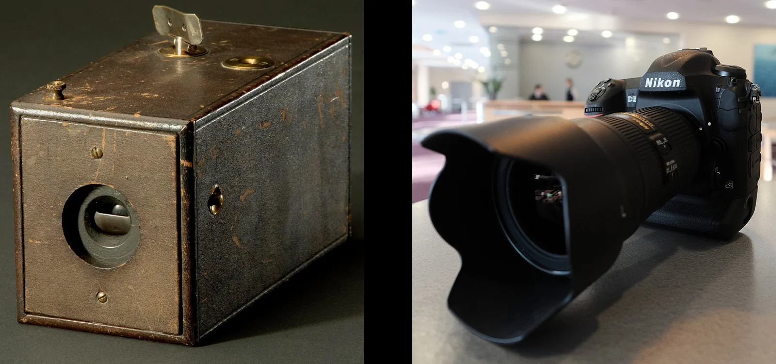 128 years separate these cameras. Everything has changed, and nothing has changed. In the distant future archeologists will consider the stratum in which they are buried and ma rvel at the brief moment of its thinness. The broken camera stratum will overlap slightly with the horse bone stratum, and archeologists may wonder if cameras somehow killed off the once-ubiquitous quadrupeds. Original Kodak Camera by National Museum of American History Smithsonian Institution , CC attribution noncommercial, Nikon D5 by Kārlis Dambrāns, CC attribution