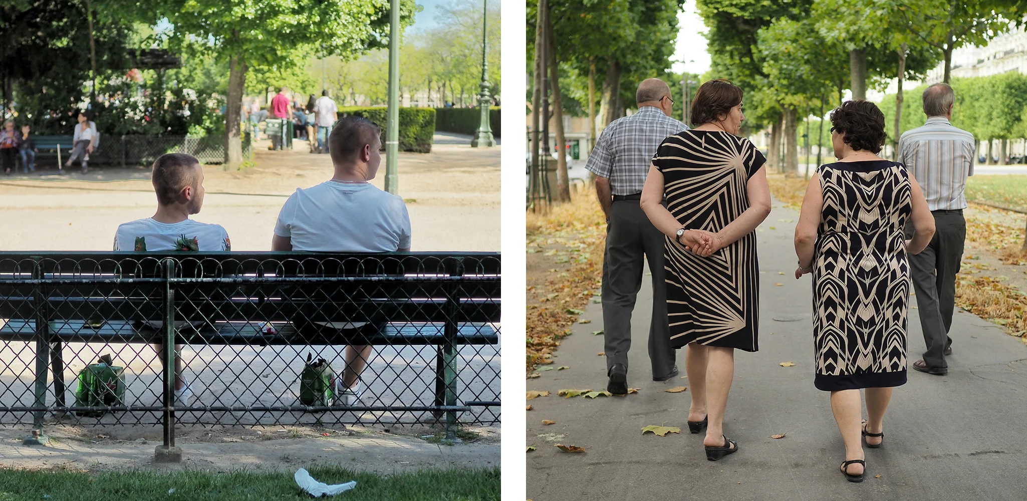 Superficial similarity is what makes half of street photography go 'round. These apparent parallels are rare enough to feel like "finds" and they seem vaguely clever if you don't think about them at all. Note how I turn the "people photographed from behind" trope (evident in something more than half of street photography, I'll wager) and use it to my advantage to erase the subjects' otherwise-distracting individuality. That was totally on purpose.