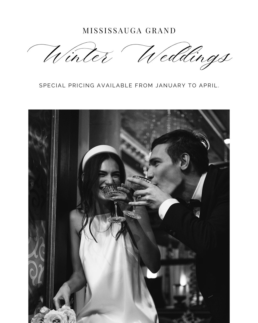Book a winter wedding and save!⁠
Special Pricing Available from January to April.⁠
⁠
Our Wedding Packages Include:⁠
⁠
* Ballroom Rental Fee⁠
* Beautiful Standard Champagne Coloured Backdrop⁠
* Premium Upgraded Linens for Head Table &amp; Cake Table⁠

