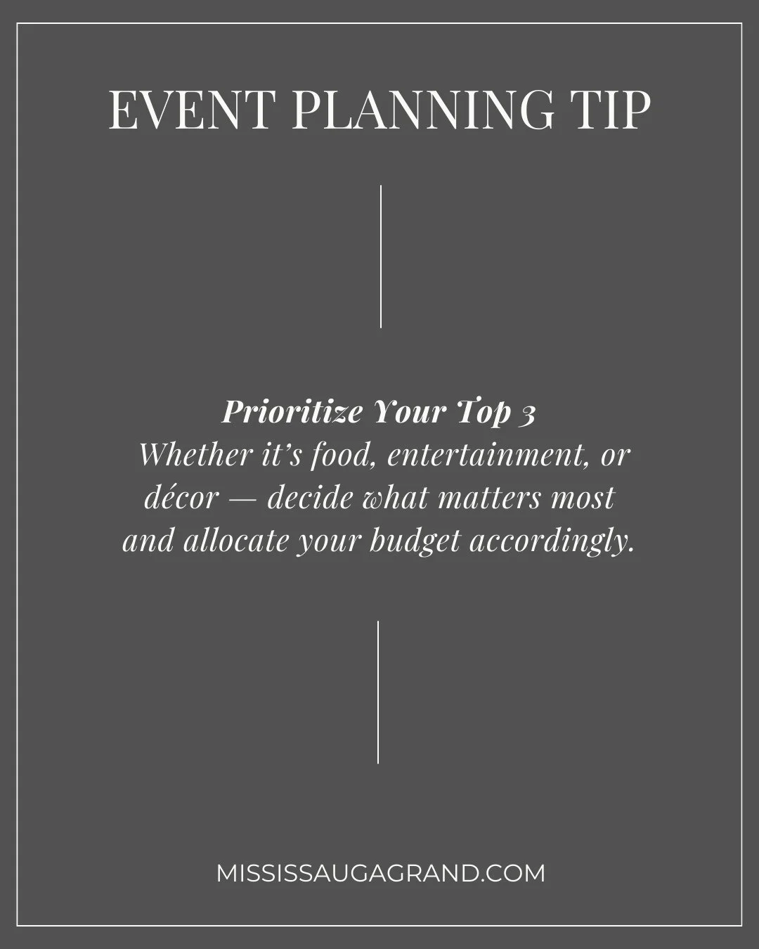 ✨ Event Planning Tip ✨⁠
⁠
Prioritize Your Top 3.⁠
Whether it&rsquo;s food, entertainment, or d&eacute;cor &mdash; decide what matters most and allocate your budget accordingly.⁠
⁠
Follow us for more expert tips on creating seamless, stylish events. ?