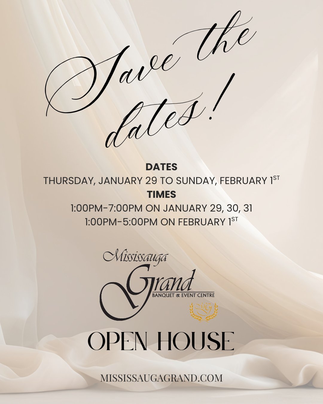 We cordially invite you to join us January 29, 30, 31 and February 1 for an open house at Mississauga Grand, where you&rsquo;ll experience our venue fully styled and brought to life. ⁠
⁠
This intimate event gives you exclusive access to our premier e