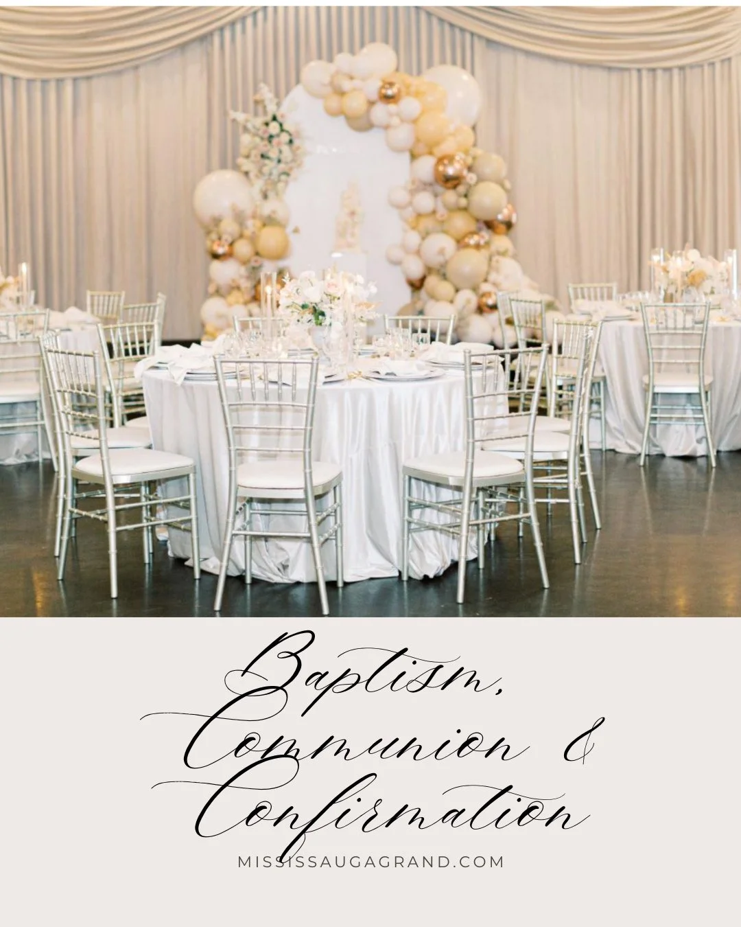 Our Baptism Packages Include:⁠
⁠
- A Choice of Classic, Deluxe or Premium Menu⁠
- Beautiful Standard Champagne Coloured Backdrop⁠
- Elegant Champagne Coloured Chiavari Chairs with Ivory Cushions⁠
- White or Ivory Floor Length Table Linens and Napkins