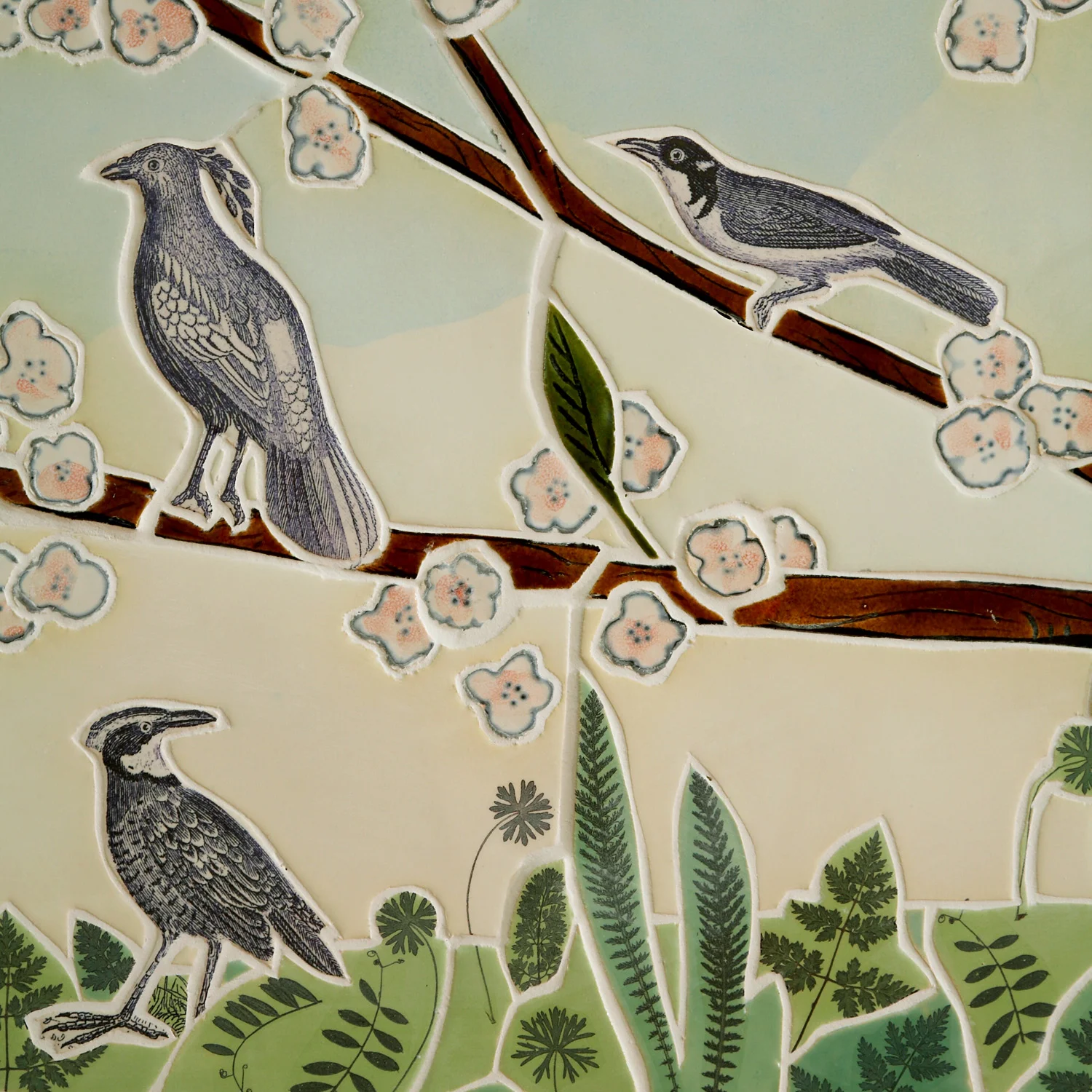 Detail of Mural, showing hand-made tiles with transfer decoration