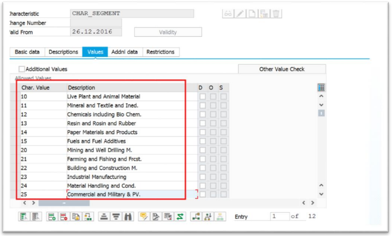 Figure 5. Creating UNSPSC Characteristics, example of SEGMENT.