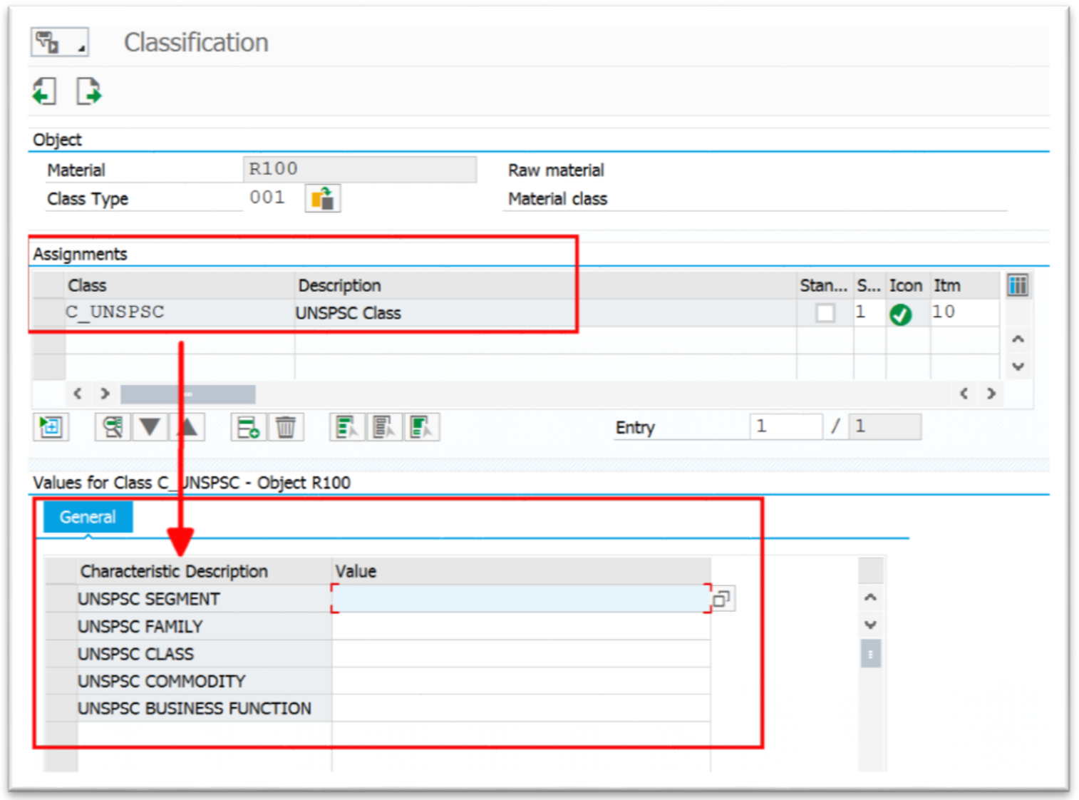 Figure 7. Individual assignment of material master to class (using classification view in MM02)