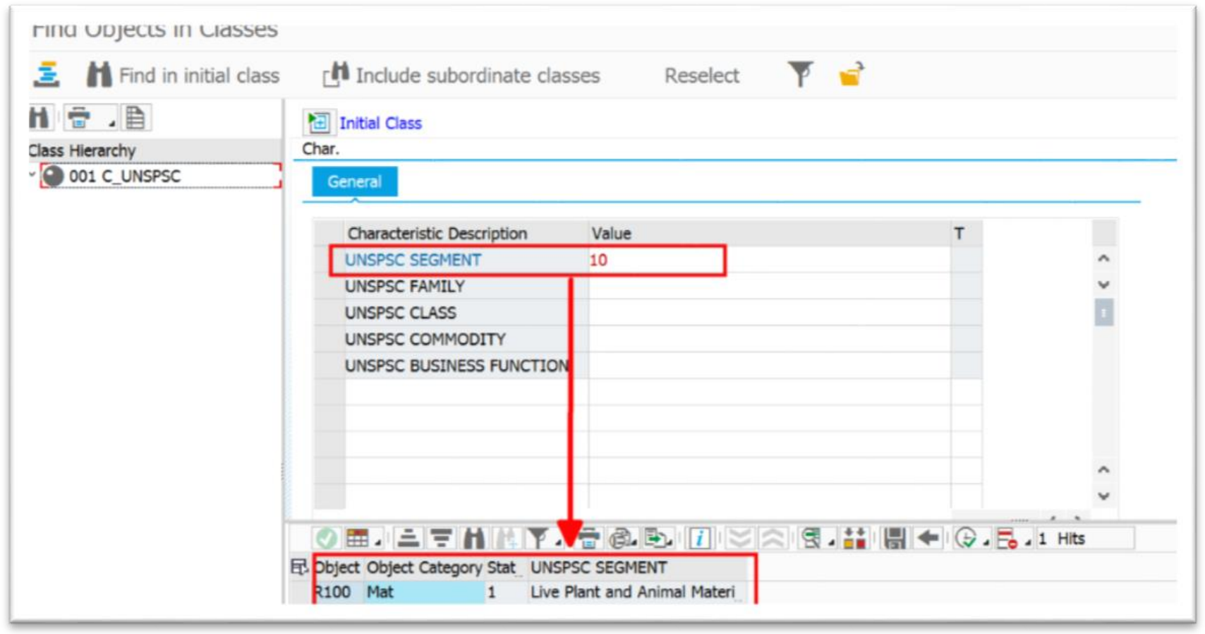 Figure 10. Searching of materials based on a value of one of UNSPSC elements (example of transaction CL30N)