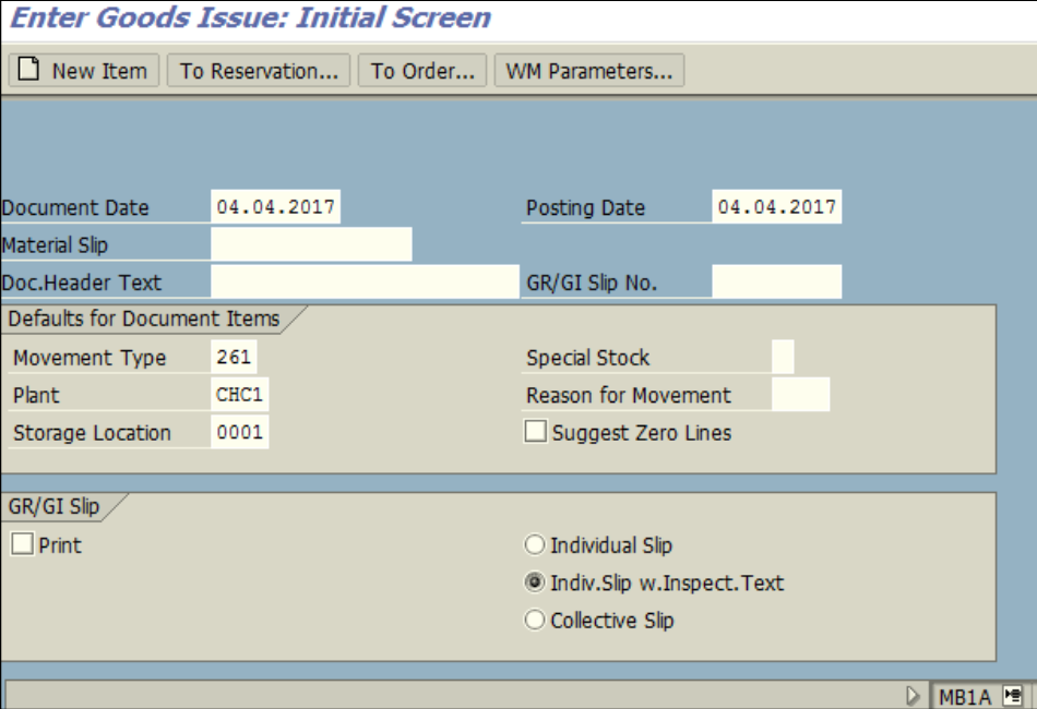 Figure 3.1 MB1A – Goods Issue initial screen, Movement Type 261, Plant, storage location are entered.