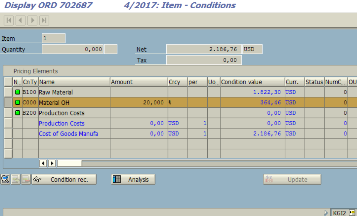 Figure 5.2 KGI2 – Overhead calculation: detailed conditions are displayed, 20% overhead is applied on raw materials