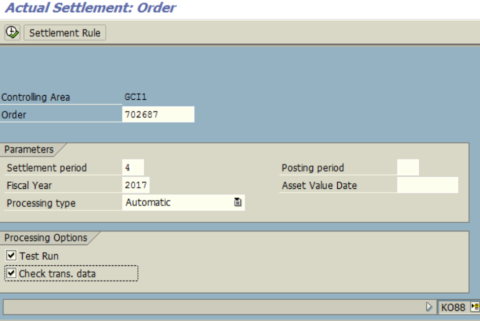 Figure 8.1 KO88 – Settlement for order. Order, Year, Period are entered