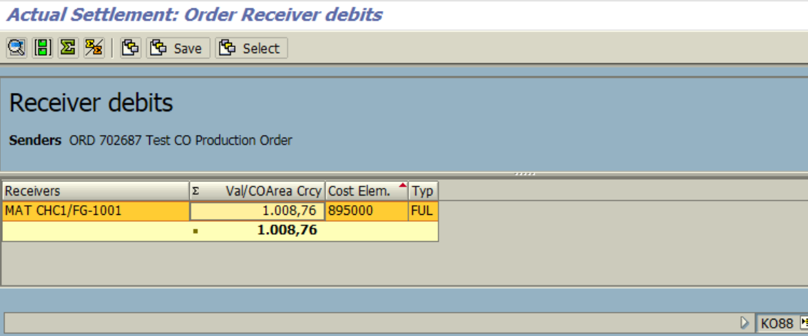 Figure 8.3 KO88 – Settlement for order. Costs settled to material in full