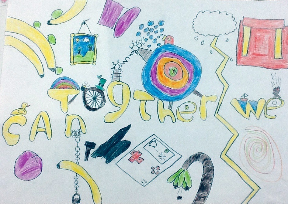 The Abbey Special school in Farnham fundraised to bring in a professional mosaic artist to help create a sign for the playground which celebrated the schools new catchphrase 'Together We Can'. The mosaic work was based around this fantastic interesting drawing produced by one of the pupils.