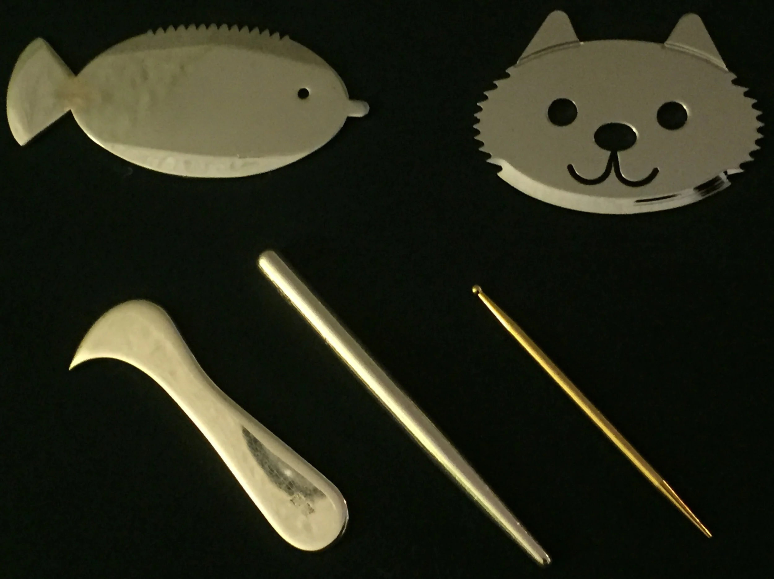 Non-insertive tools (named by kids) : Top left “Mr Fishy”, Top right “Mrs. Kitty”, Bottom Left - Zanshin AKA “hockey stick”, Bottom Center and Right - Teishin AKA “Silver pointy” and “Gold pointy”