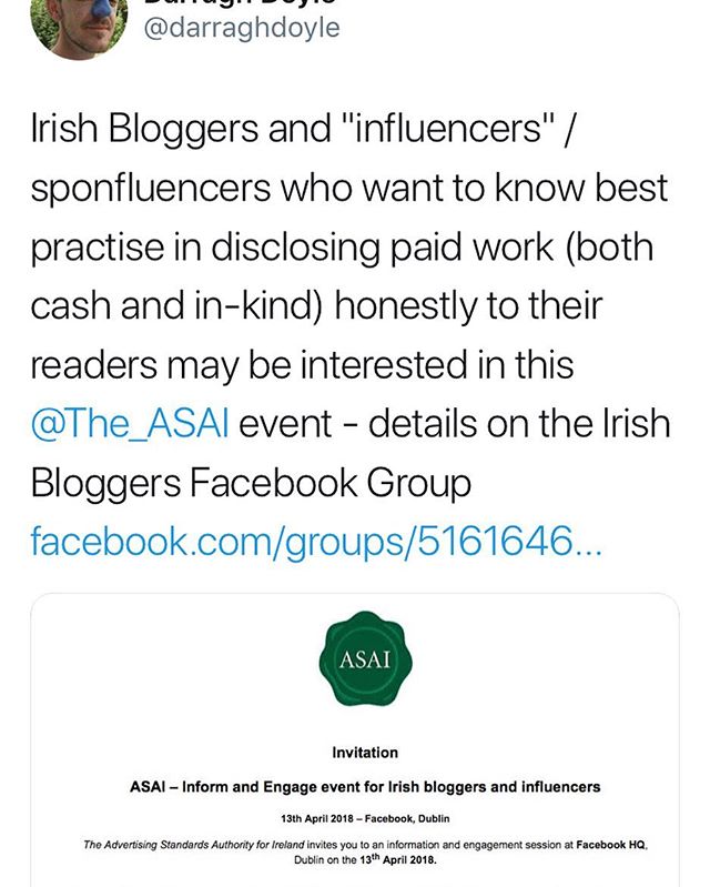 For those interested the ASAI are hosting an event for Irish Bloggers and &quot;influencers&quot; / sponfluencers who want to know best practise in disclosing paid work (both cash and in-kind) honestly to their readers...details on the Irish Bloggers