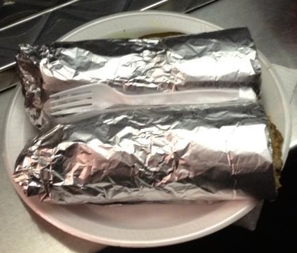 One monster Vaqueras burrito, cut in half, you know, to fit on a plate. 