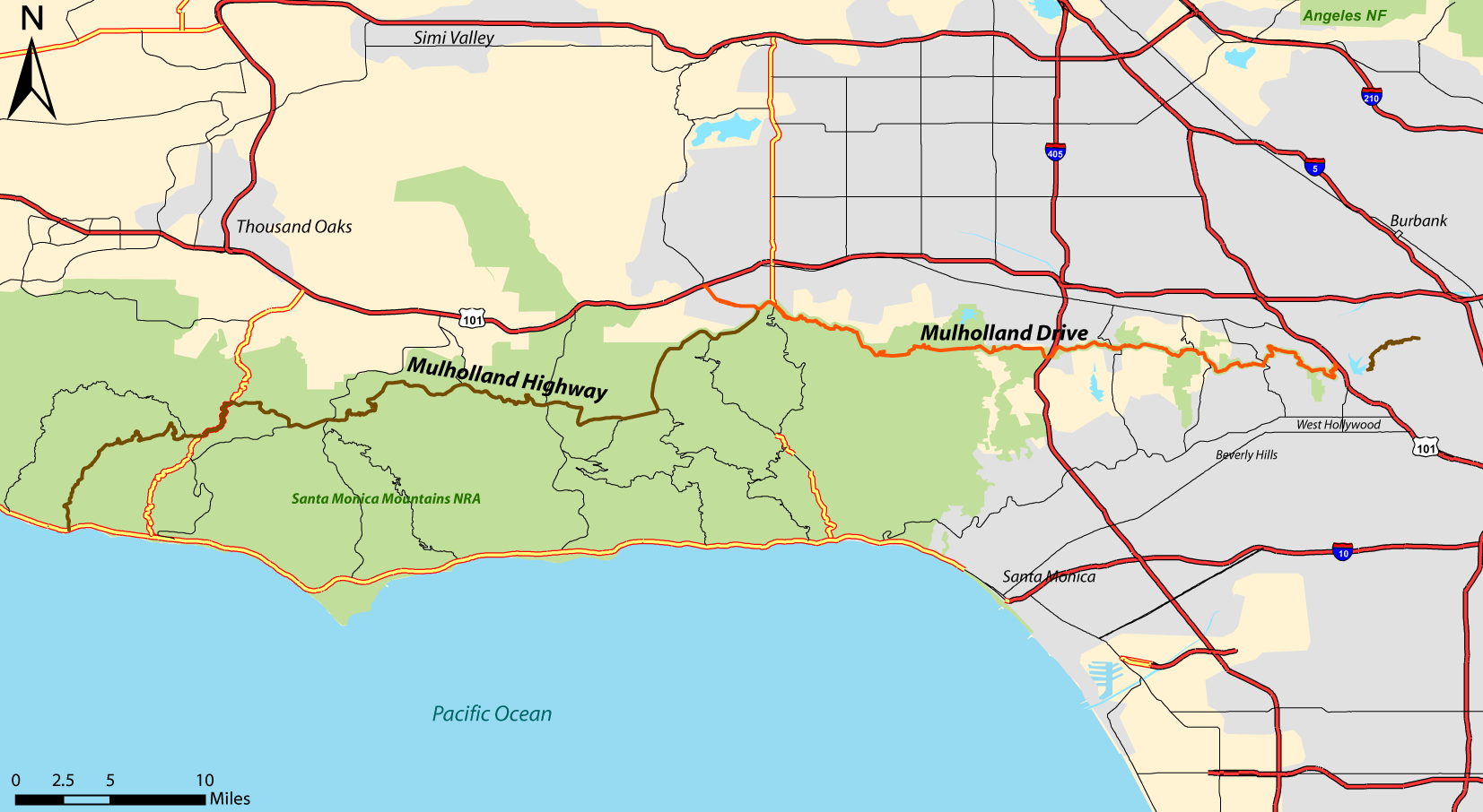 Mulholland Drive (in orange) - click to enlarge. Greg Kidd