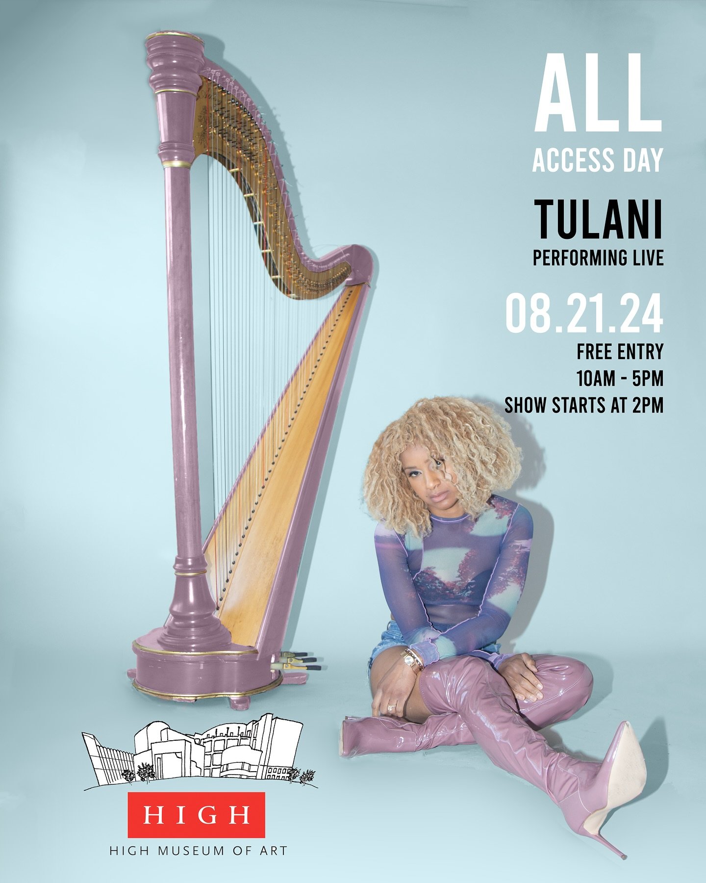 ALL ACCESS DAY @highmuseumofart 🎨🖼️ Wednesday, August 21. Enjoy the High Museum of Art FREE from 10am-5pm I&rsquo;ll be performing live at 2pm with my band! 🎹🎼🥁💃🏽 Come out and enjoy the festivities from conversation pieces to art making, paper