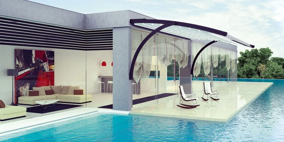 The MN2 curved arch buttressed retractable pergola systems provide an elegant solution for any project. Each of the custom designs are installed according to site specifications and can easily be adapted as required. MN2 can project up to 12 feet with a piece fabric 15 feet wide.