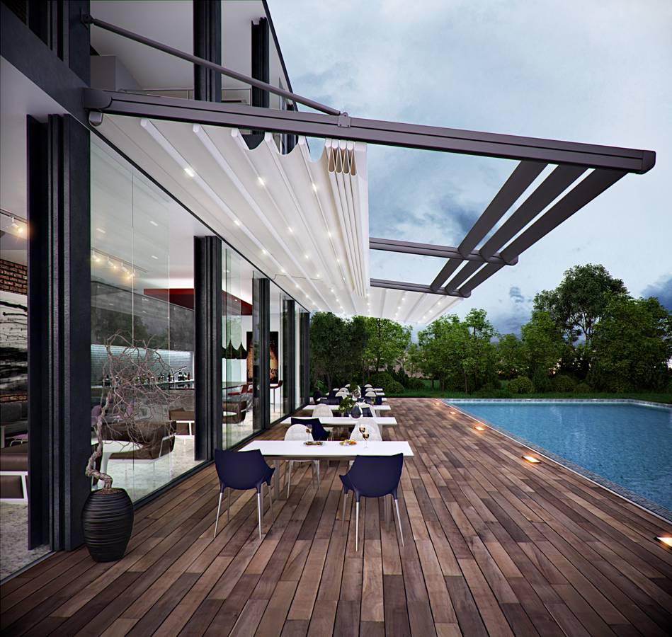 The MN3 retractable hanged systems provide an elegant solution for any project. Each of the custom designs are installed according to site specifications and can easily be adapted as required. MN3 Unsupported forward opening up to 19 feet with a piece fabric 42 feet wide.