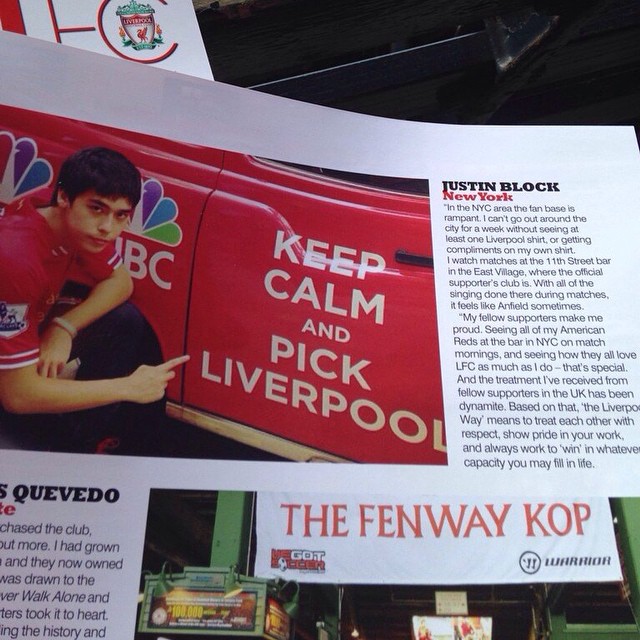 Justin featured in Liverpool FC's match program for their friendly against Manchester City at Yankee Stadium in 2014.