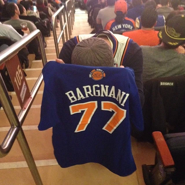 Justin at a Knicks game with his beloved Andrea Bargnani shirt, even though Andrea Bargnani was awful on the Knicks.