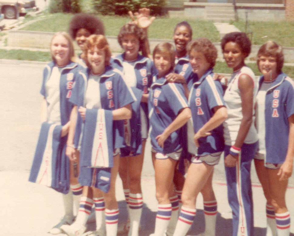 The 1976 U.S. Olympic women's basketball team enjoys a sunny walk together.