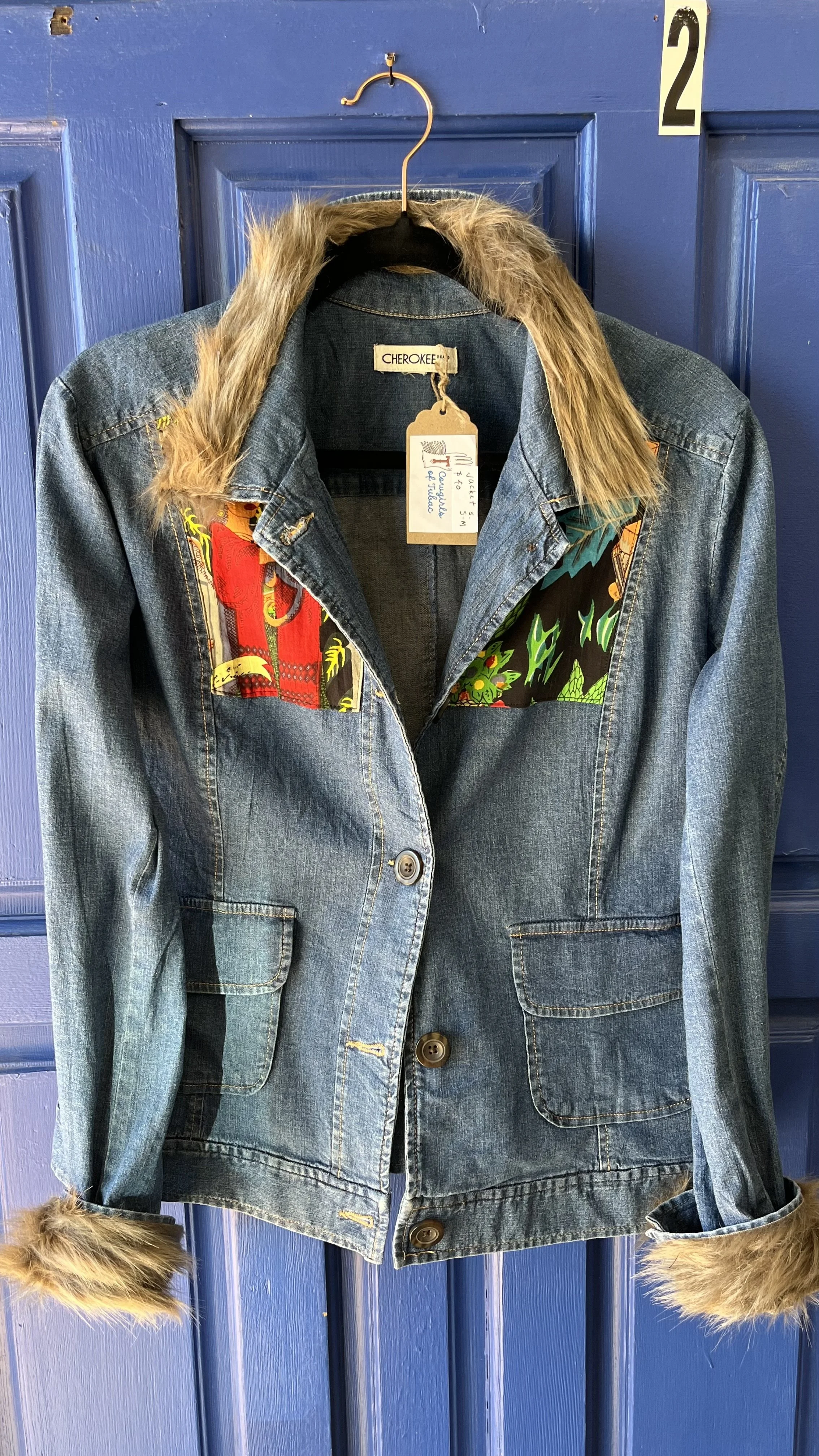  upcycled Cherokee denim jacket with fur trim size M $45 