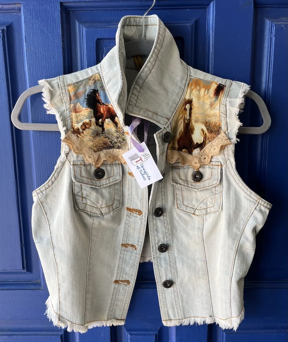  upcycled light denim cowgirl vest with lace size SM $30  SOLD 