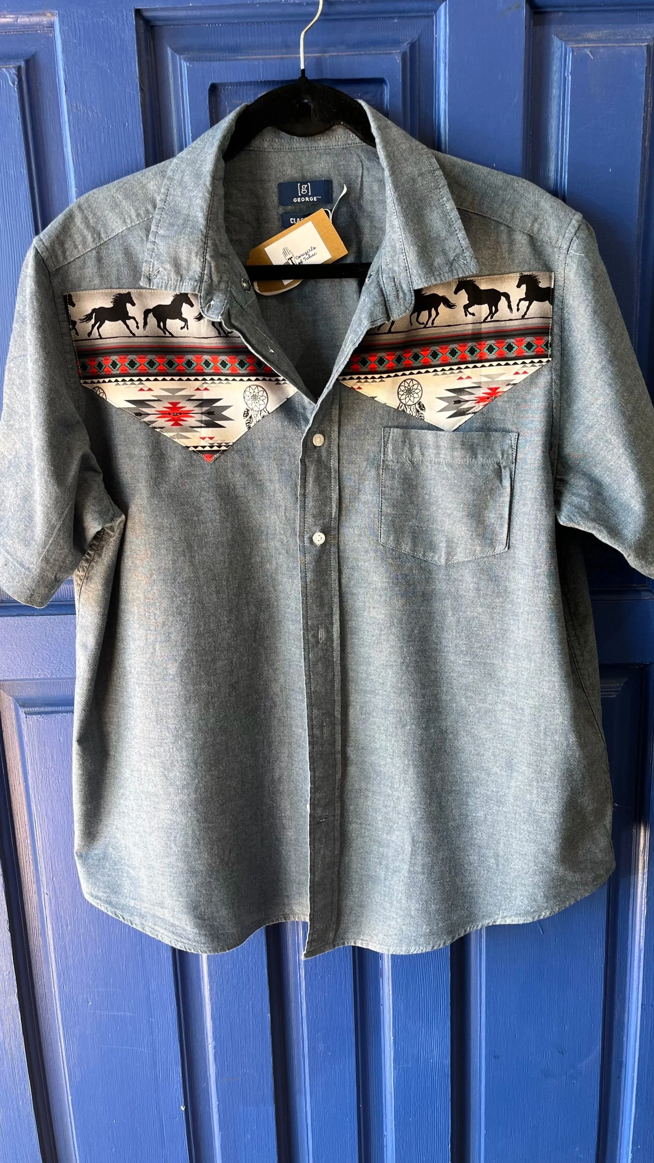  upcycled short sleeved chambray shirt size L $30 