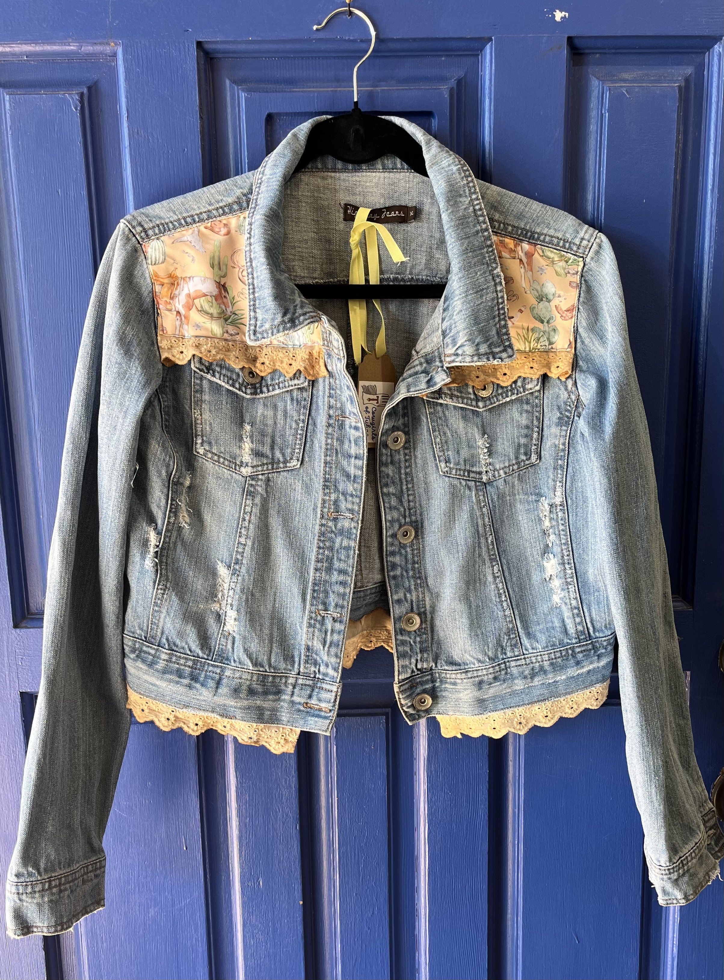  upcycled distressed denim jacket with lace trim size M $45 SOLD 